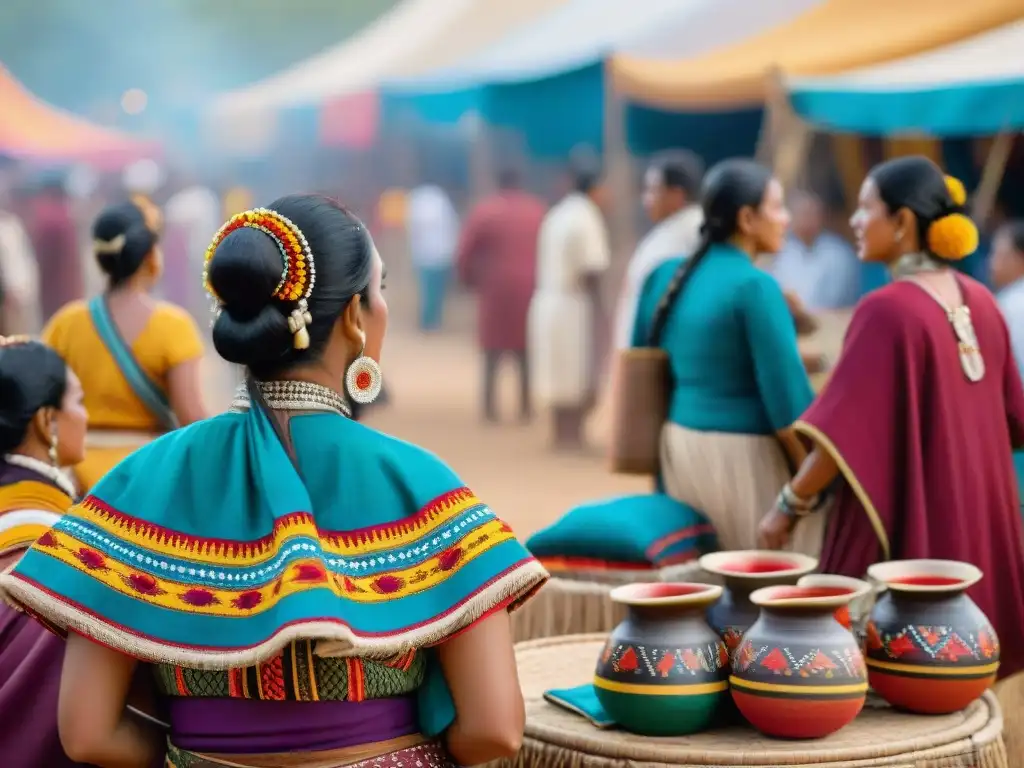 Vibrante festival indígena con comercio justo, escenas coloridas y detalladas de danzas tradicionales y puestos artesanales