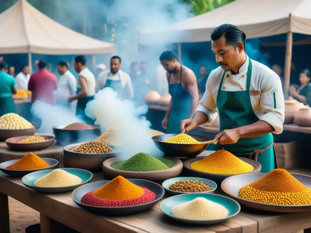 Un vibrante festival indígena con platos antiguos en un mercado colorido