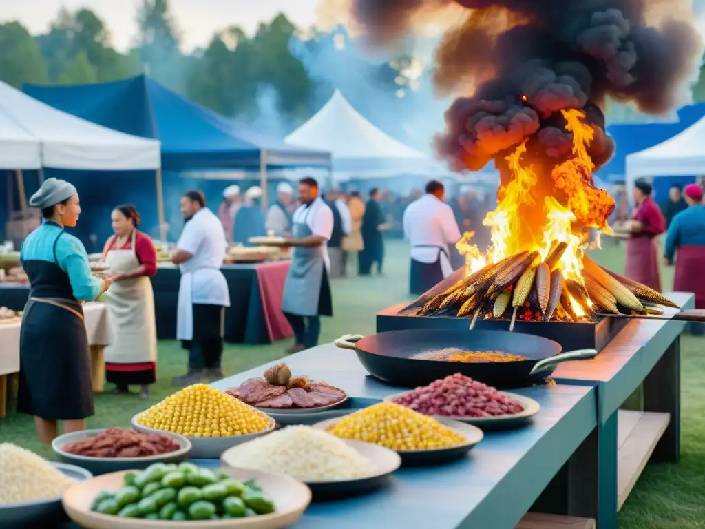 Un vibrante festival indígena con platos antiguos, chefs y comensales en armonía bajo el cielo azul