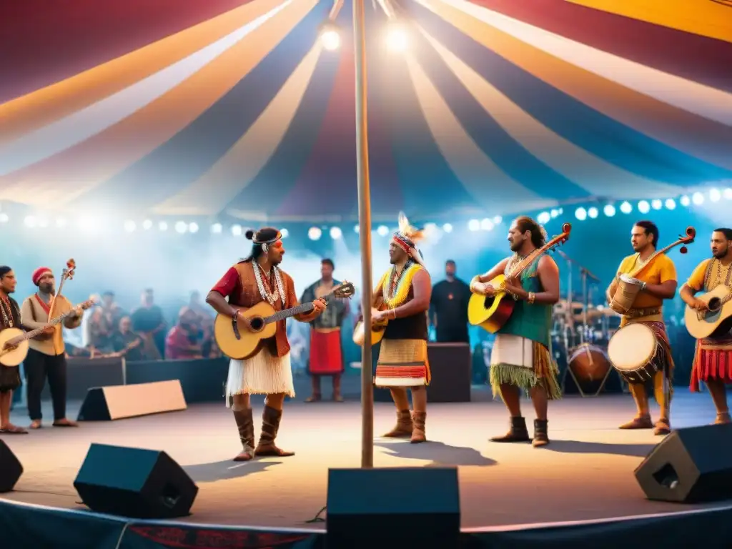 Un vibrante festival indígena de música tradicional con músicos y espectadores, capturando la esencia de la celebración