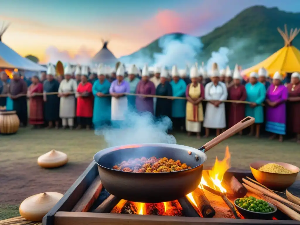 Vibrante festival indígena, tradiciones culinarias, cocineros preparando recetas ancestrales junto a multitud de personas y espectadores