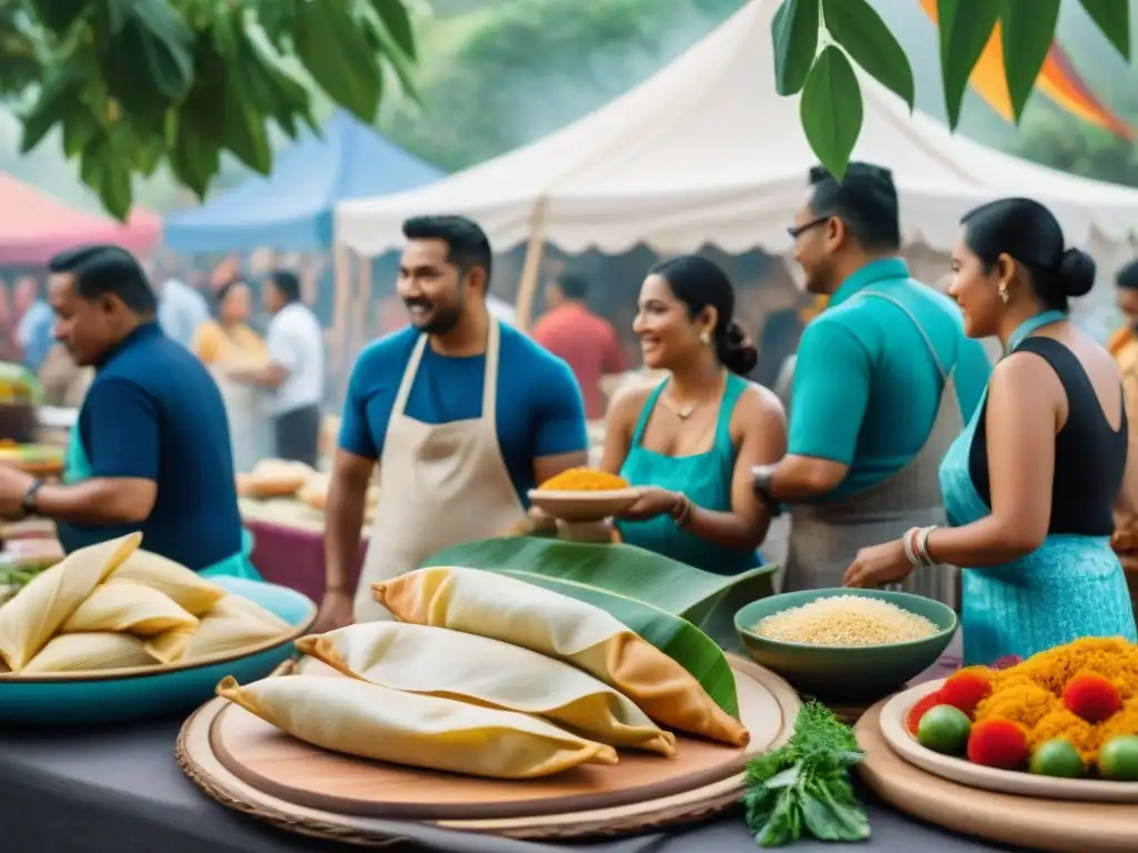 Un vibrante festival indígena de tradiciones culinarias con coloridos puestos y chefs preparando delicias