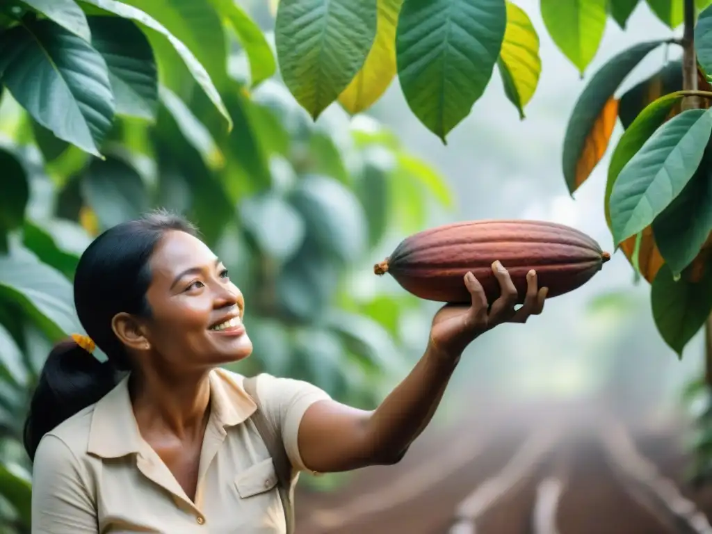 Una vibrante granja de cacao en comunidad: agricultores de diversas edades y orígenes trabajan juntos bajo árboles de cacao