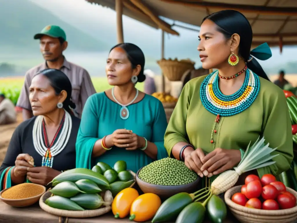 Un vibrante intercambio de prácticas agrícolas indígenas entre tribus, resaltando sus coloridas vestimentas y cultivos