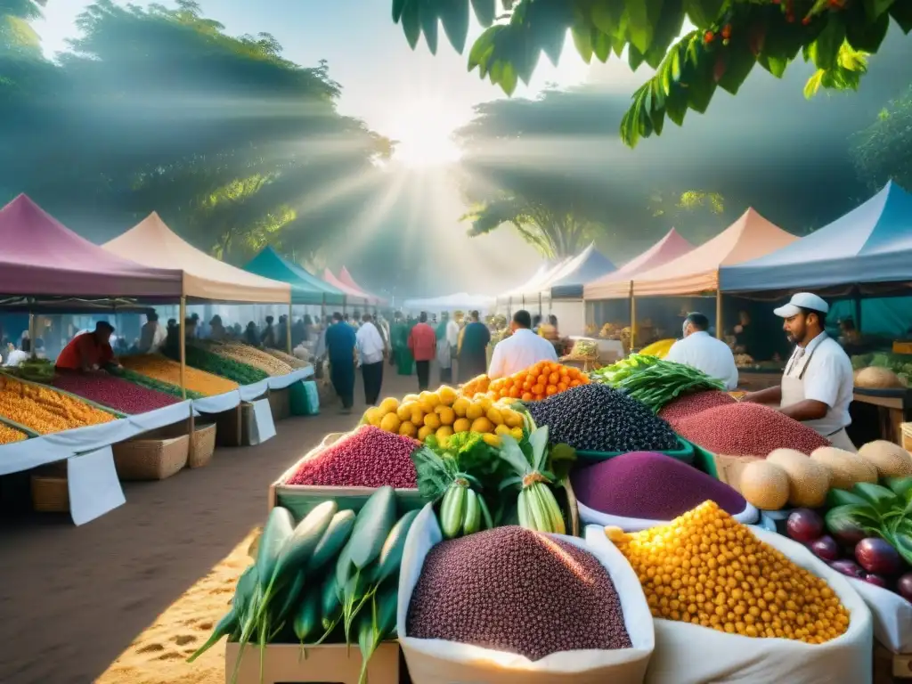 Un vibrante mercado de agricultores con ingredientes indígenas, chefs y una atmósfera cultural