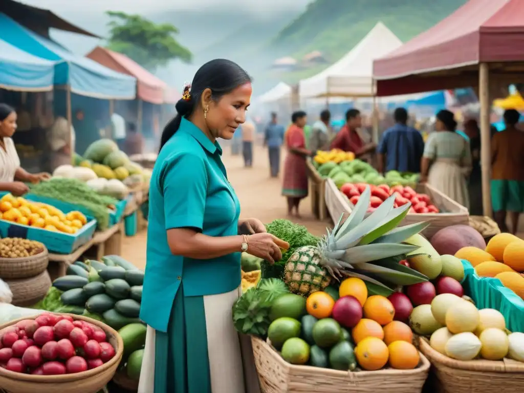 Vibrante mercado al aire libre en comunidad indígena, con alimentos exóticos y vendedores locales en trajes tradicionales