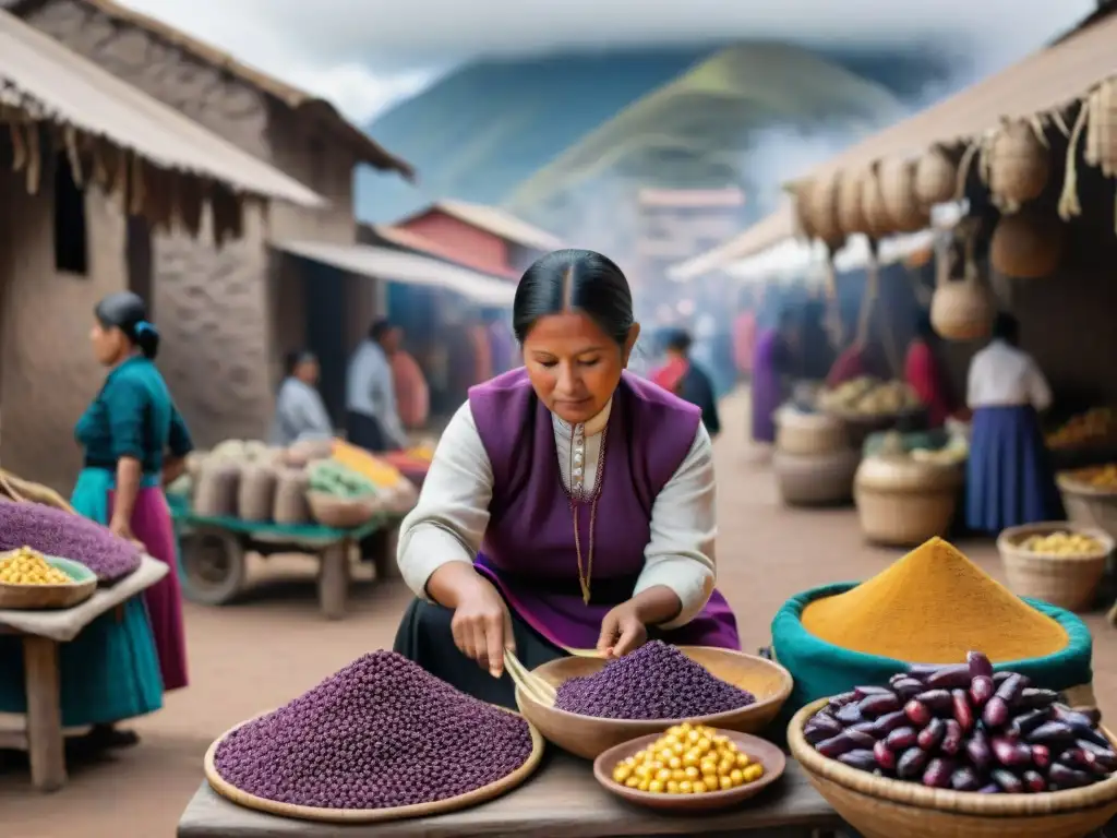 Vibrante mercado andino con ingredientes para preparar la bebida tradicional Api Morado