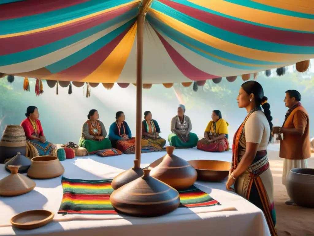 Un vibrante mercado de arte indígena con tejidos coloridos, cerámica tradicional y artesanías detalladas bajo un toldo de textiles ricos