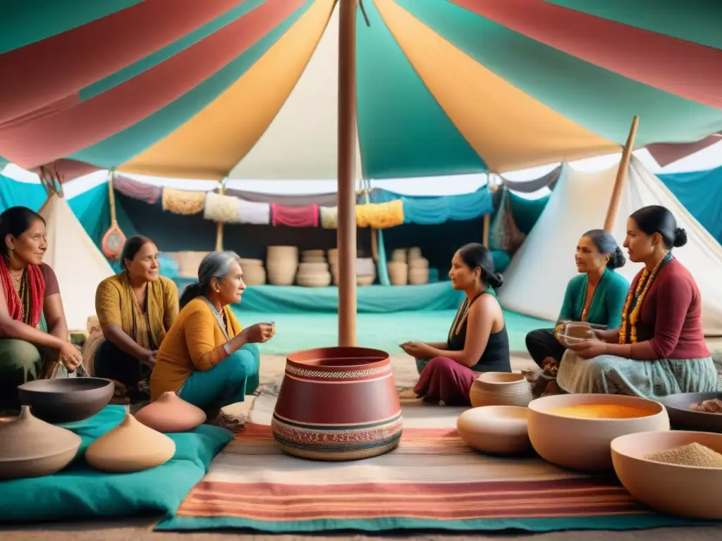 Un vibrante mercado de artesanías indígenas donde artesanos crean piezas únicas bajo un colorido toldo