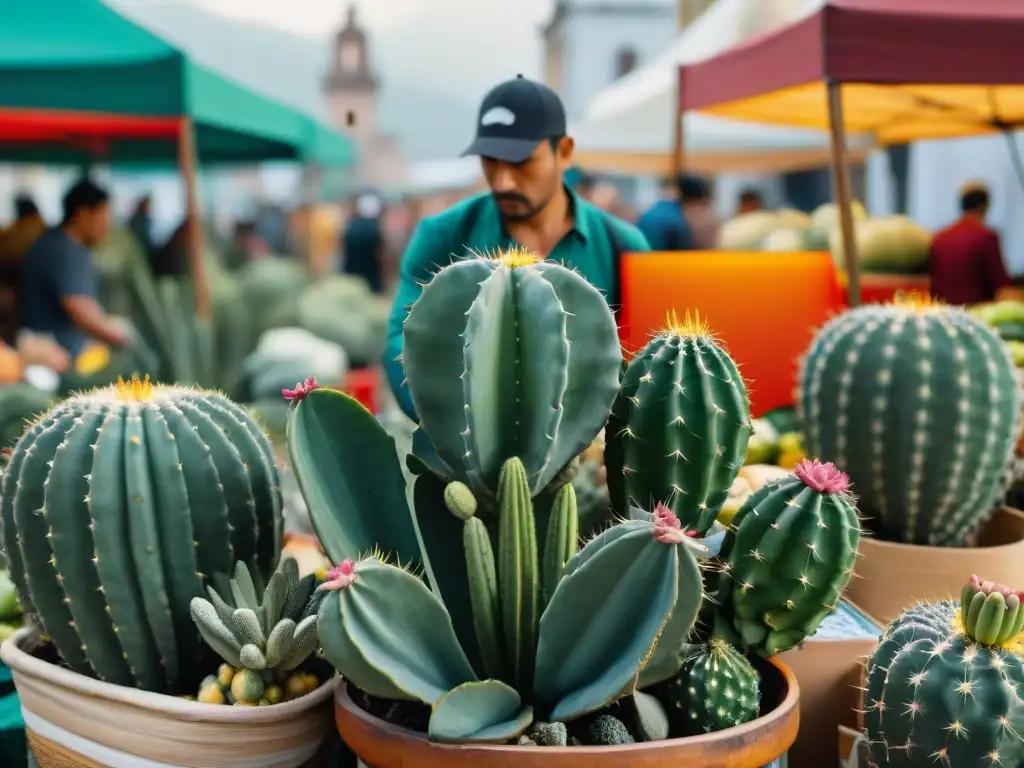 Vibrante mercado de nopal en la Ciudad de México, reflejando beneficios culturales y medicinales