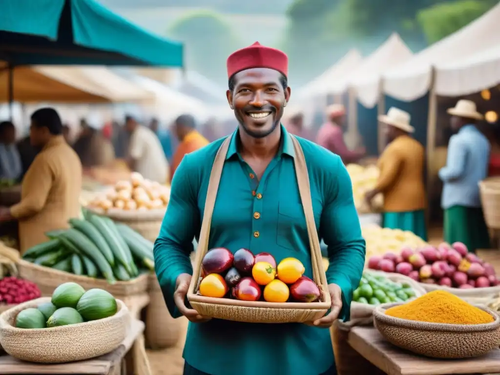 Un vibrante mercado de comercio justo con agricultores diversos exhibiendo alimentos ancestrales