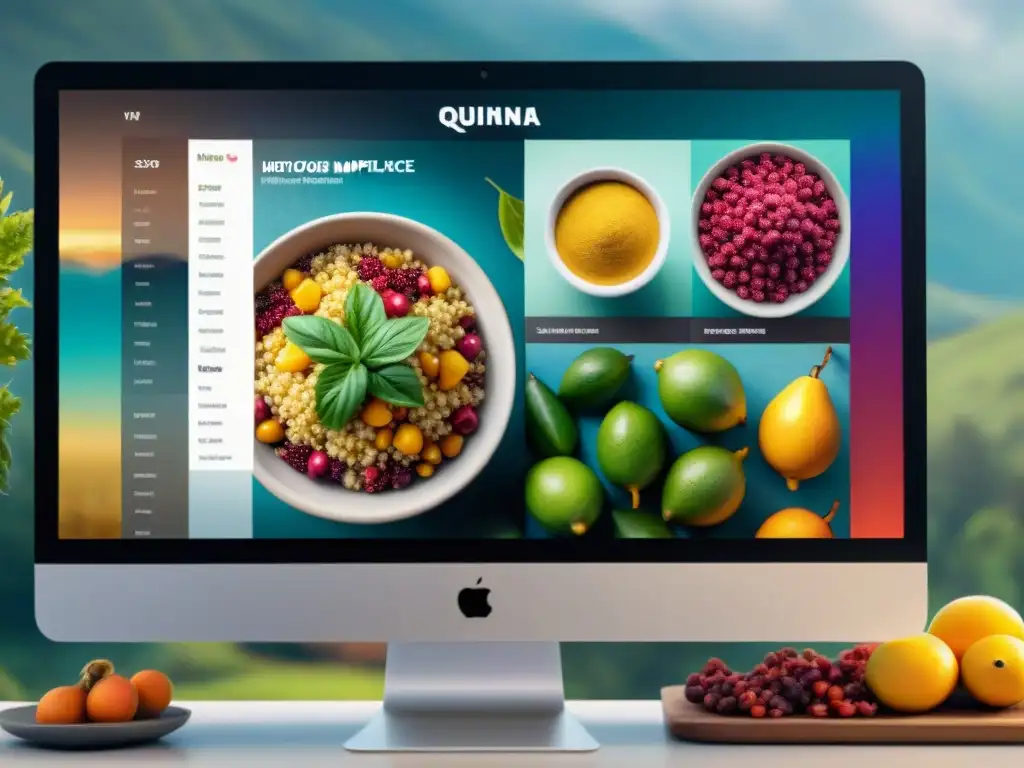 Vibrante mercado digital de alimentos indígenas con usuarios diversos explorando y comprando online