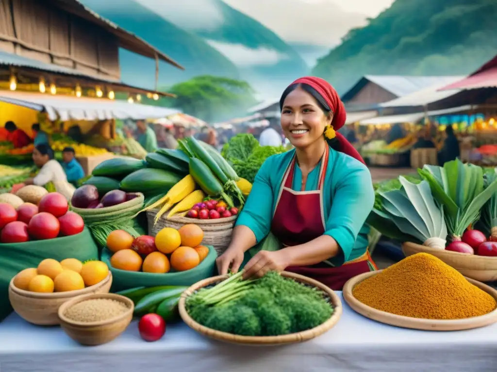 Un vibrante mercado indígena con alimentos puros y coloridos