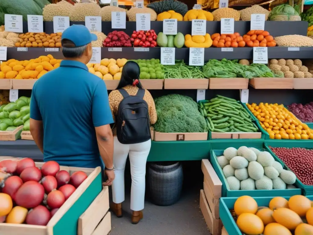 Vibrante mercado indígena con alimentos coloridos y agricultores interactuando