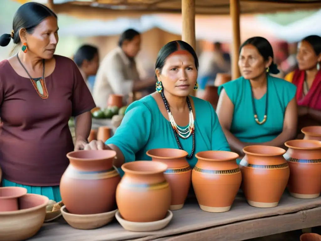 Vibrante mercado indígena con bebidas ancestrales innovación en vasijas de barro, mujeres y clientes cautivados