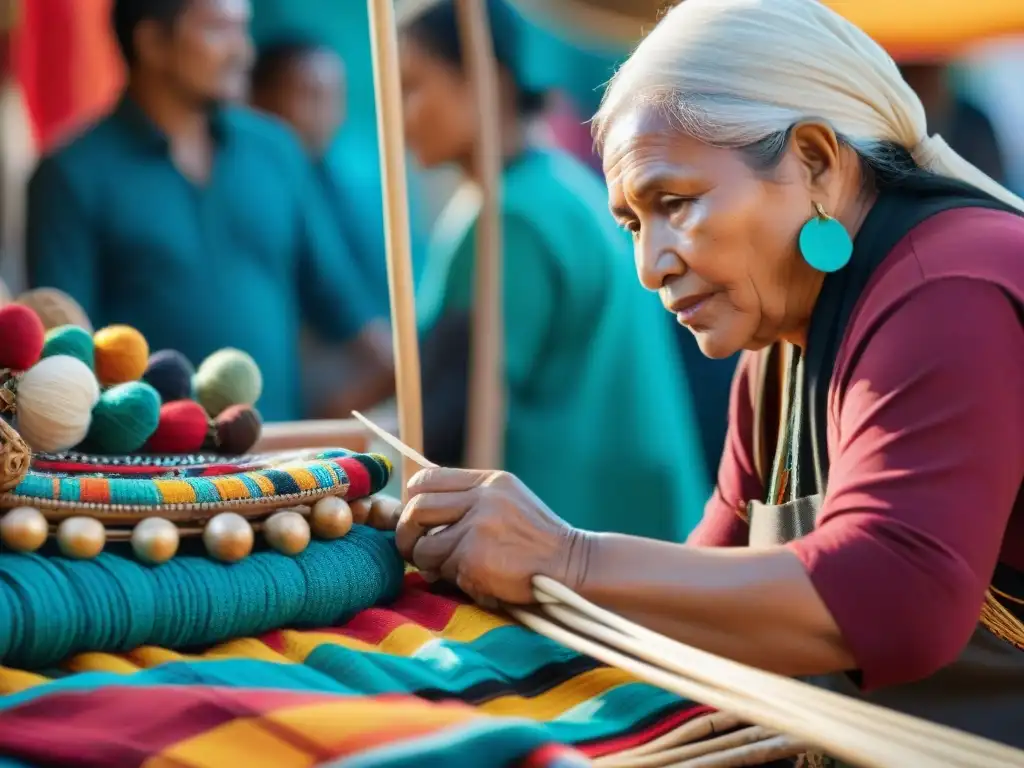 Vibrante mercado indígena online con artesanías tradicionales coloridas y detalladas