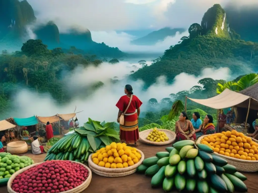 Un vibrante mercado indígena en la selva amazónica, lleno de colores y vida