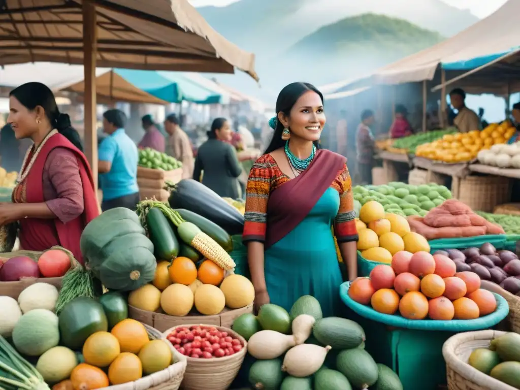 Vibrante mercado indígena con tiendas online alimentos indígenas y coloridos productos locales