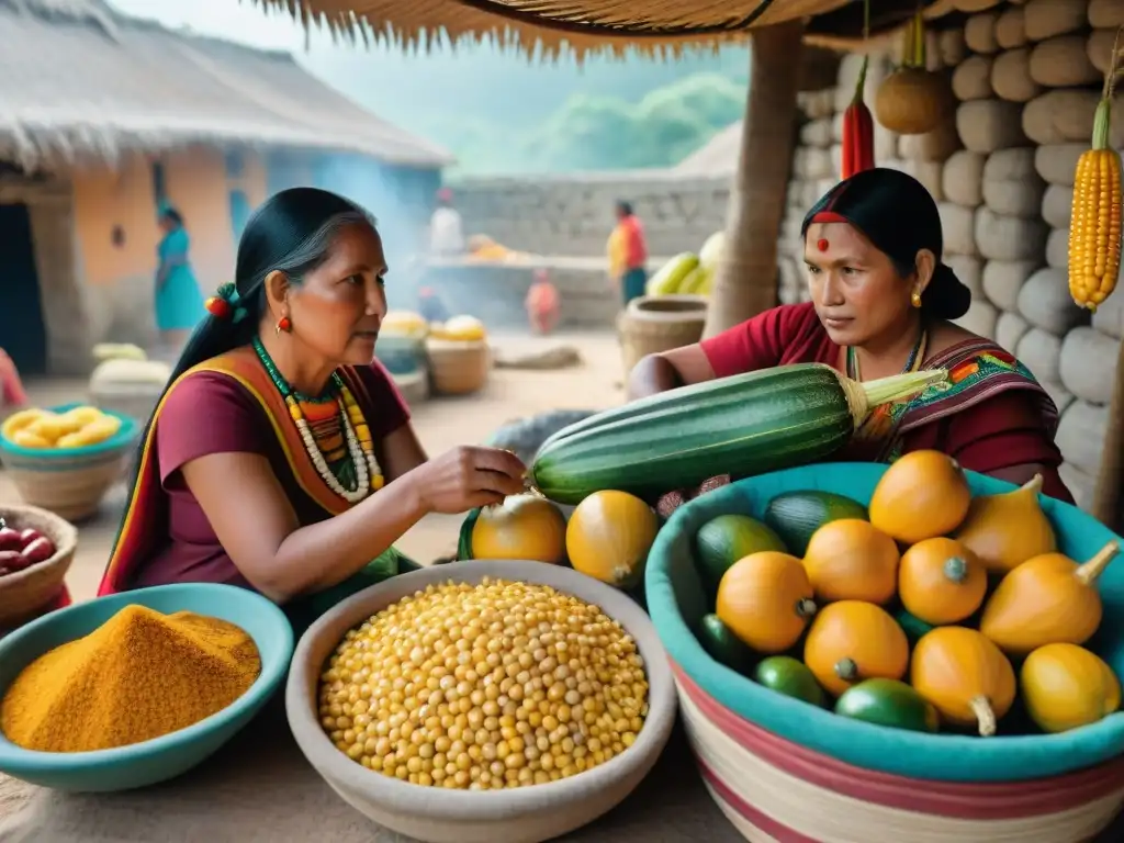 Vibrante mercado maya con alimentos fundamentales culturas precolombinas en ruinas antiguas al sol