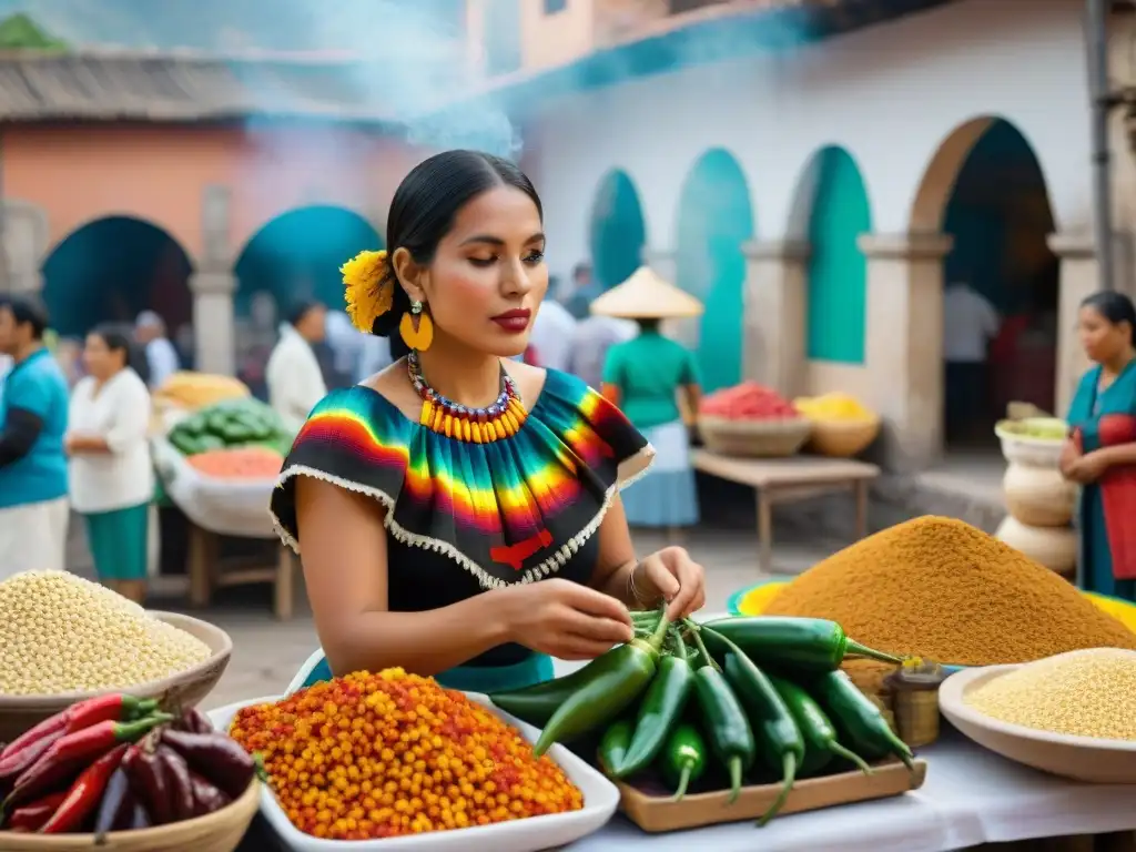 Vibrante mercado mexicano con ingredientes indígenas y mujer preparando platillo