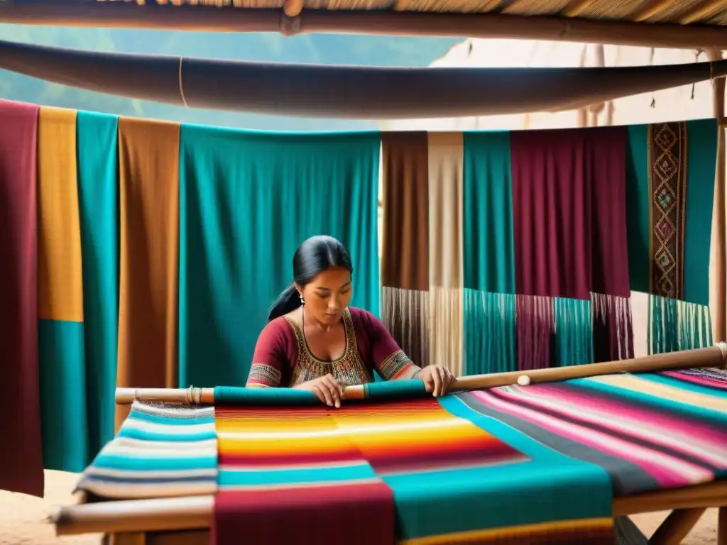 Vibrante mercado textil indígena con artesanos tejiendo en telares tradicionales