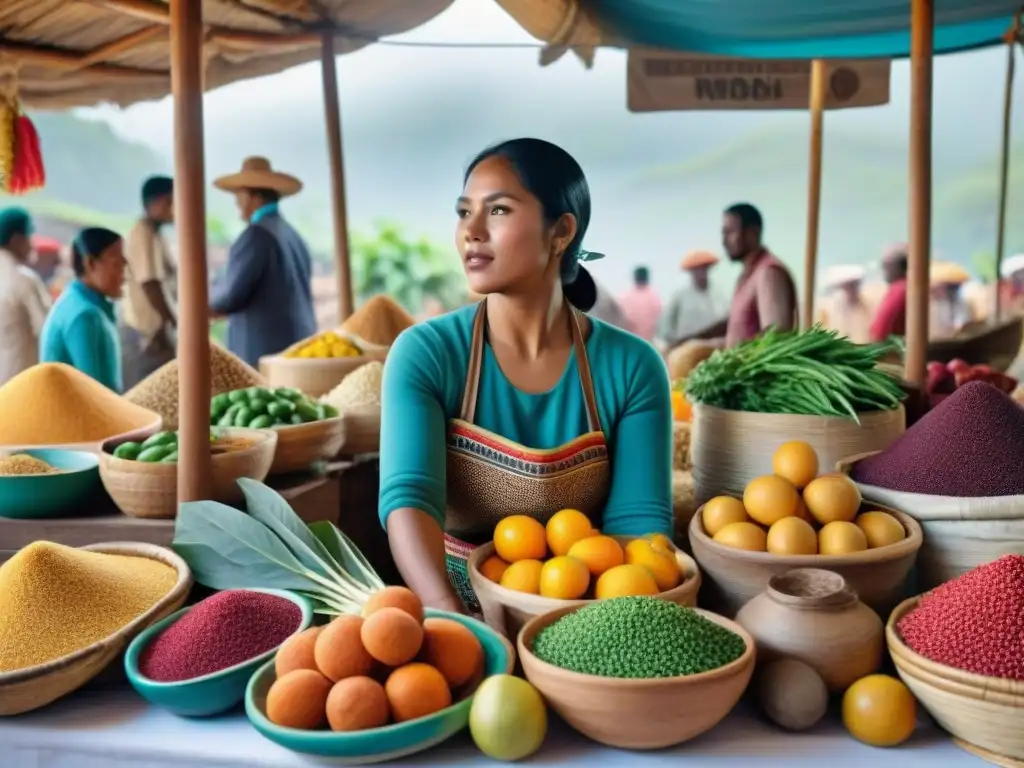 Un vibrante mercado tradicional lleno de vida y coloridos alimentos indígenas, donde se compra online la esencia culinaria