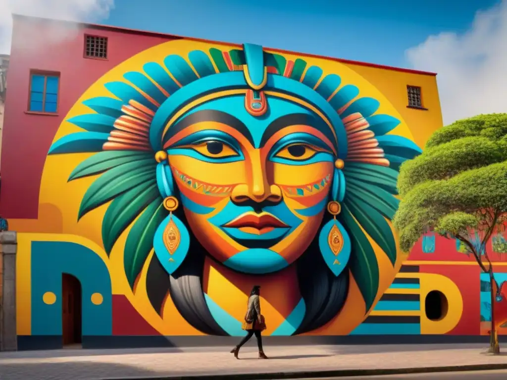 Un vibrante mural de arte indígena Américas culturas en una ciudad sudamericana con patrones geométricos e historia ancestral