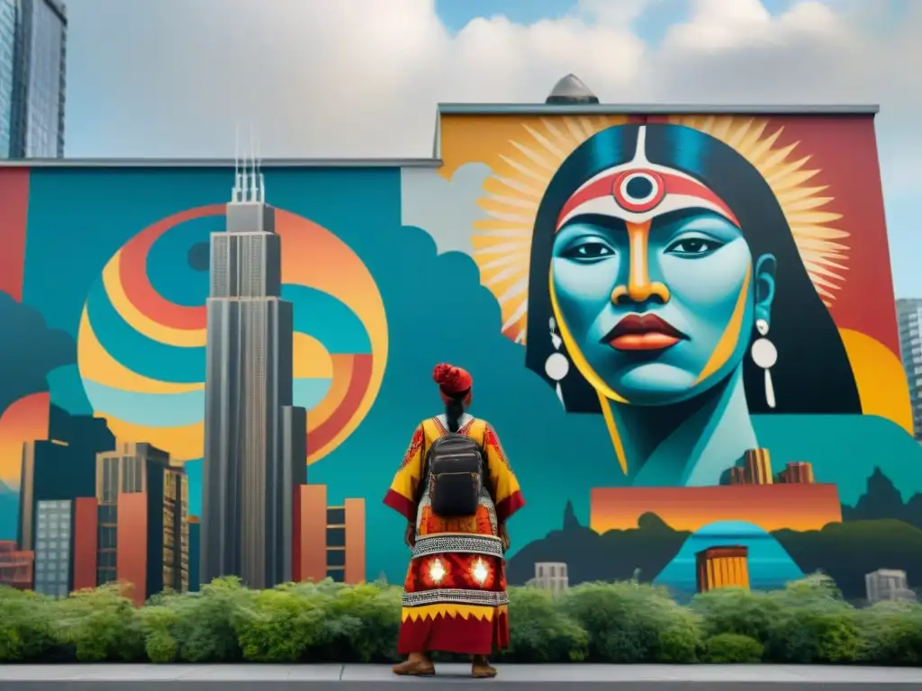 Un vibrante mural de arte indígena contemporáneo muestra a diversas tribus colaborando en una obra de gran escala en la ciudad