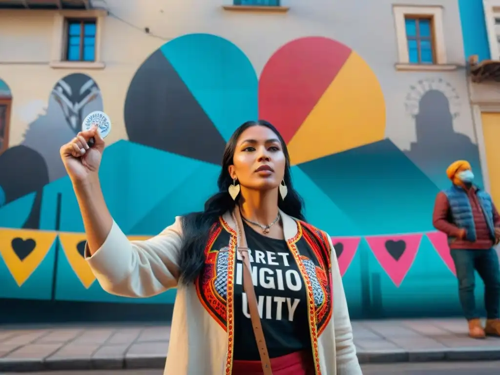 Un vibrante mural callejero de activistas indígenas levantando sus puños en señal de unidad, rodeados de símbolos de resistencia y orgullo cultural