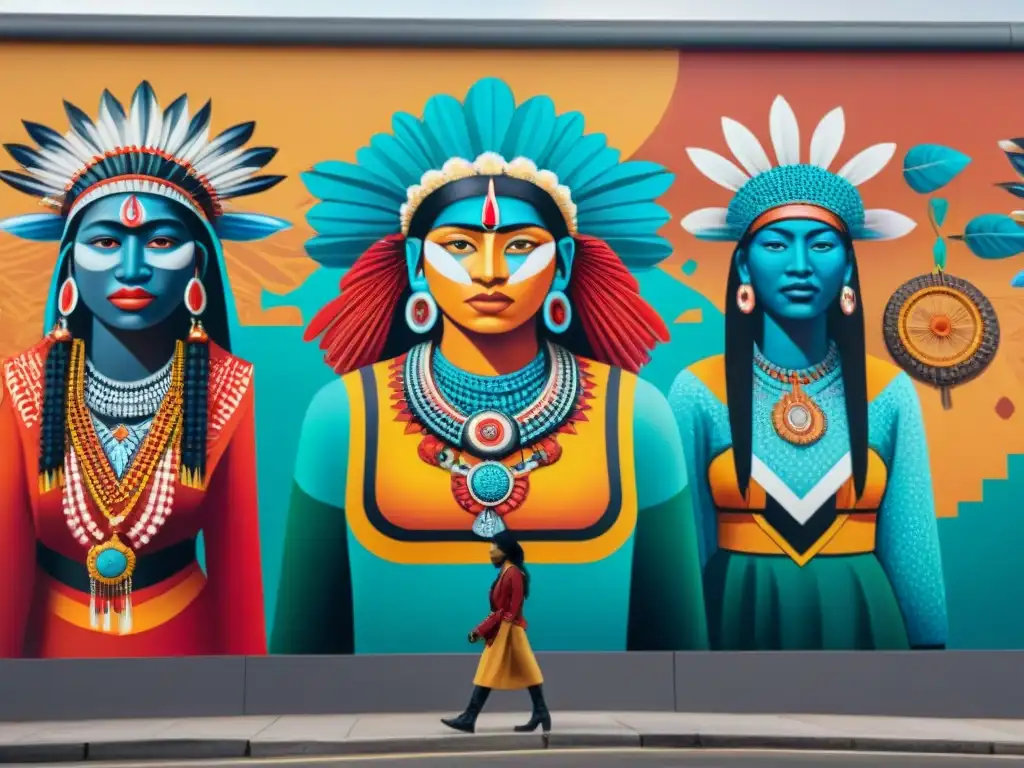 Vibrante mural con representación indígena en cine y literatura, fusionando tradición y modernidad en la ciudad