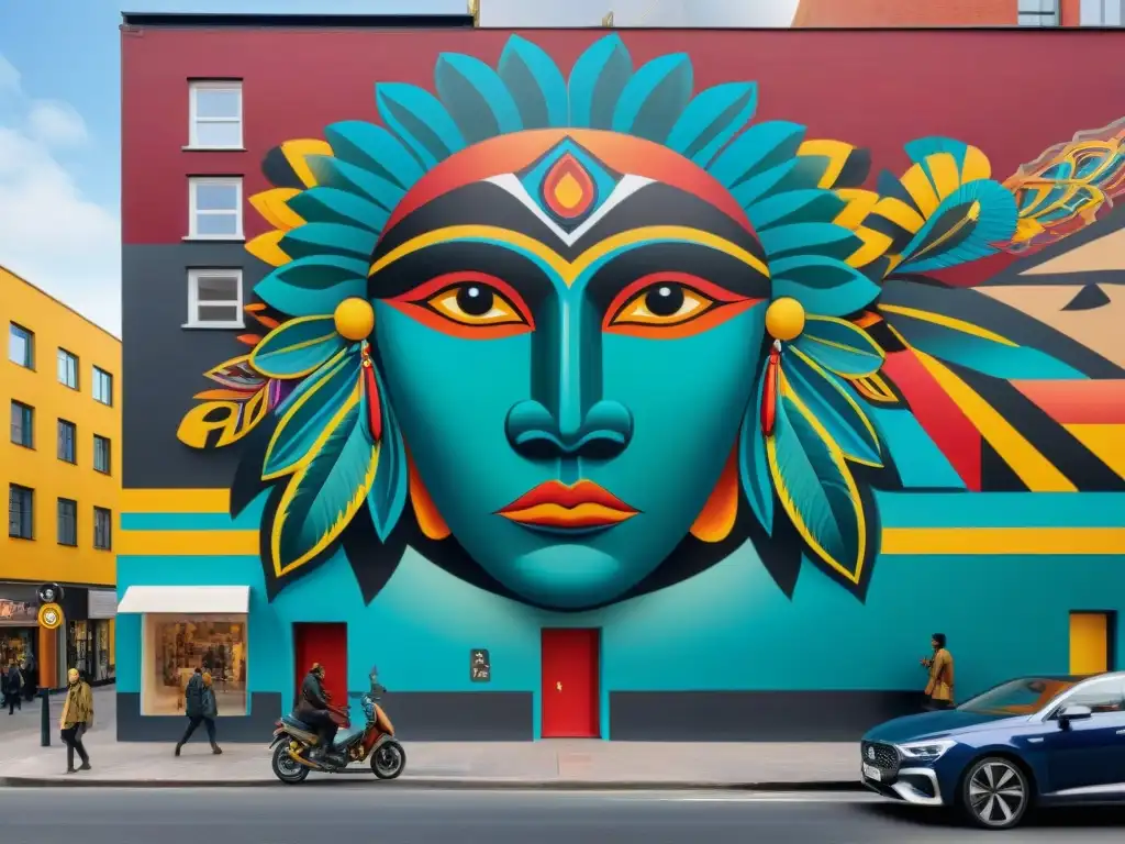 Un vibrante mural en la ciudad fusiona arte urbano contemporáneo y cultura indígena, rodeado de personas admirando la obra