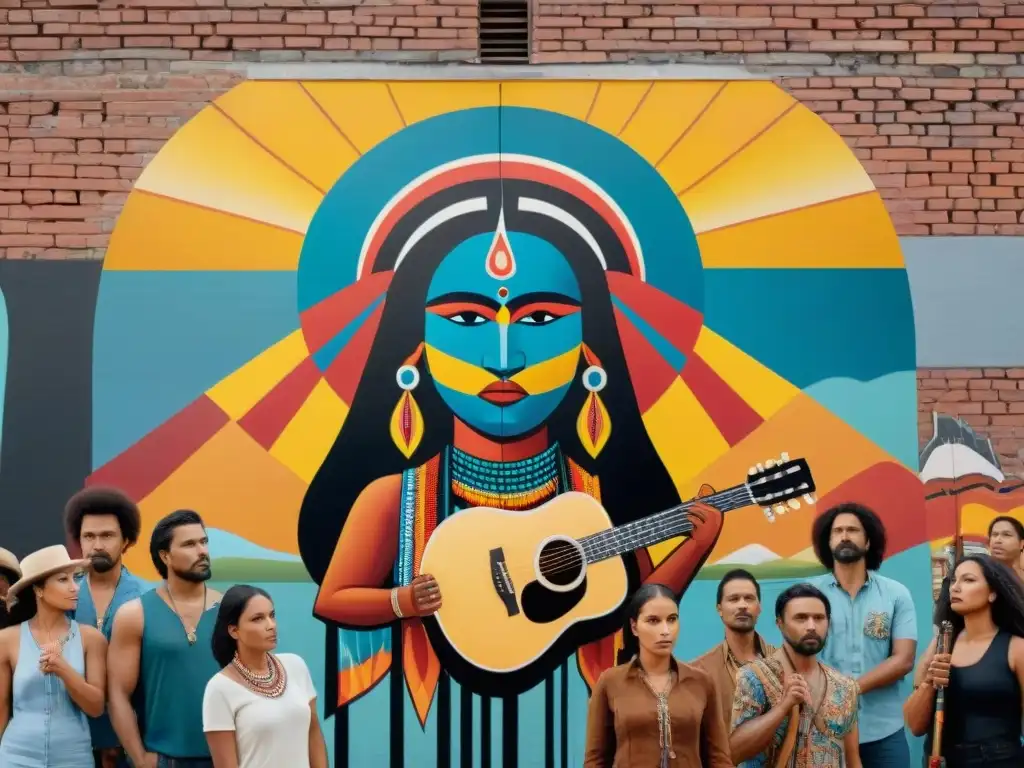 Un vibrante mural en una comunidad indígena con activistas, símbolos tradicionales y músico joven emocionado