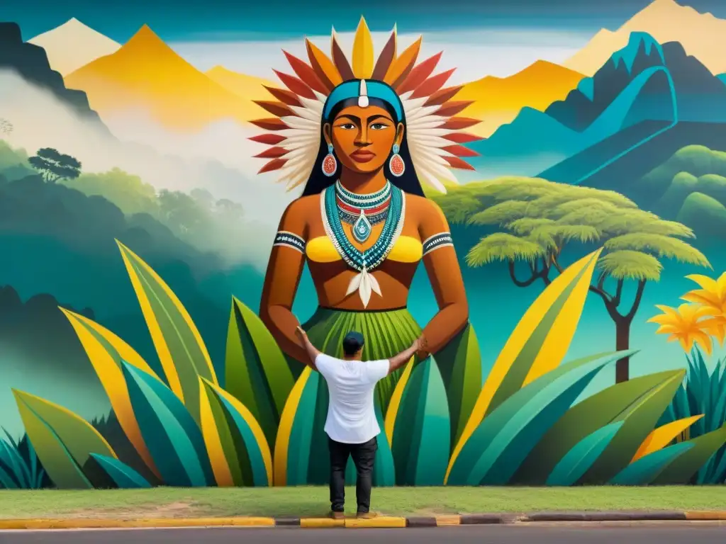 Un vibrante mural indígena muestra la importancia cultural de la yuca en la comunidad, con detalles detallados y colores ricos