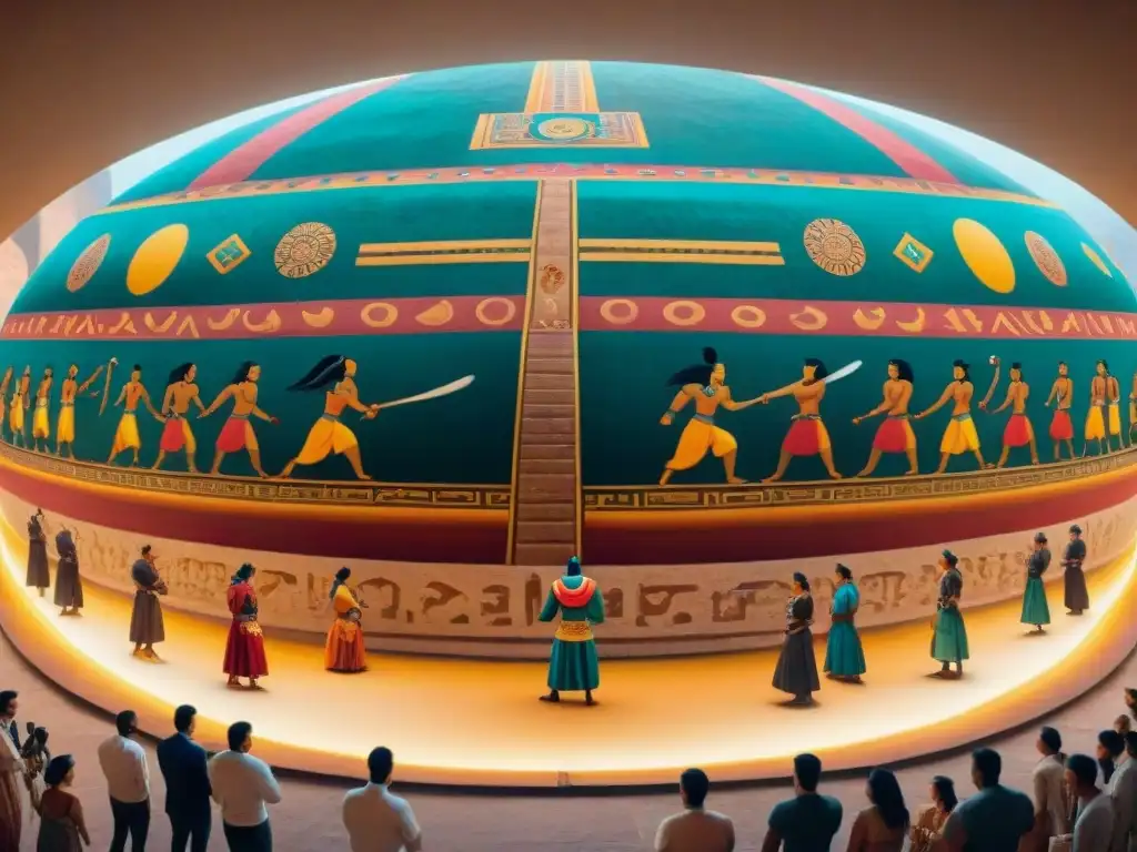 Vibrante mural precolombino de juego de pelota mesoamericano con simbolismo y colores auténticos