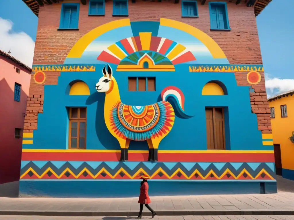 Un vibrante mural urbano andino que refleja la identidad cultural, con llamas, gente indígena y montañas sagradas en colores intensos