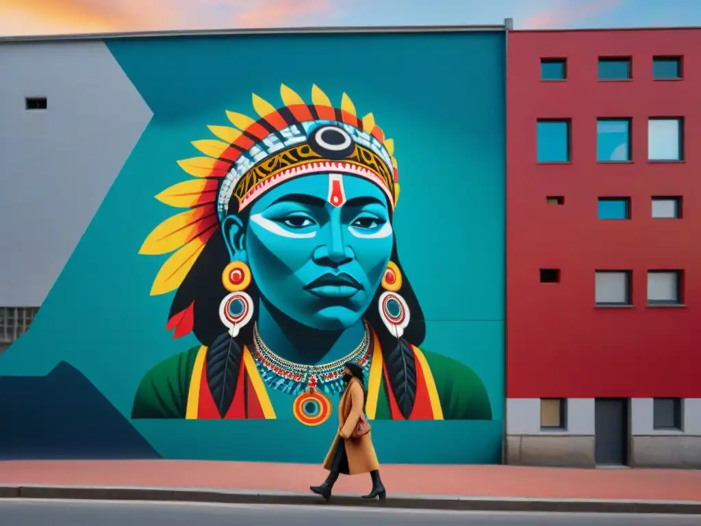 Un vibrante mural urbano fusiona arte callejero indígena contemporáneo con símbolos tradicionales