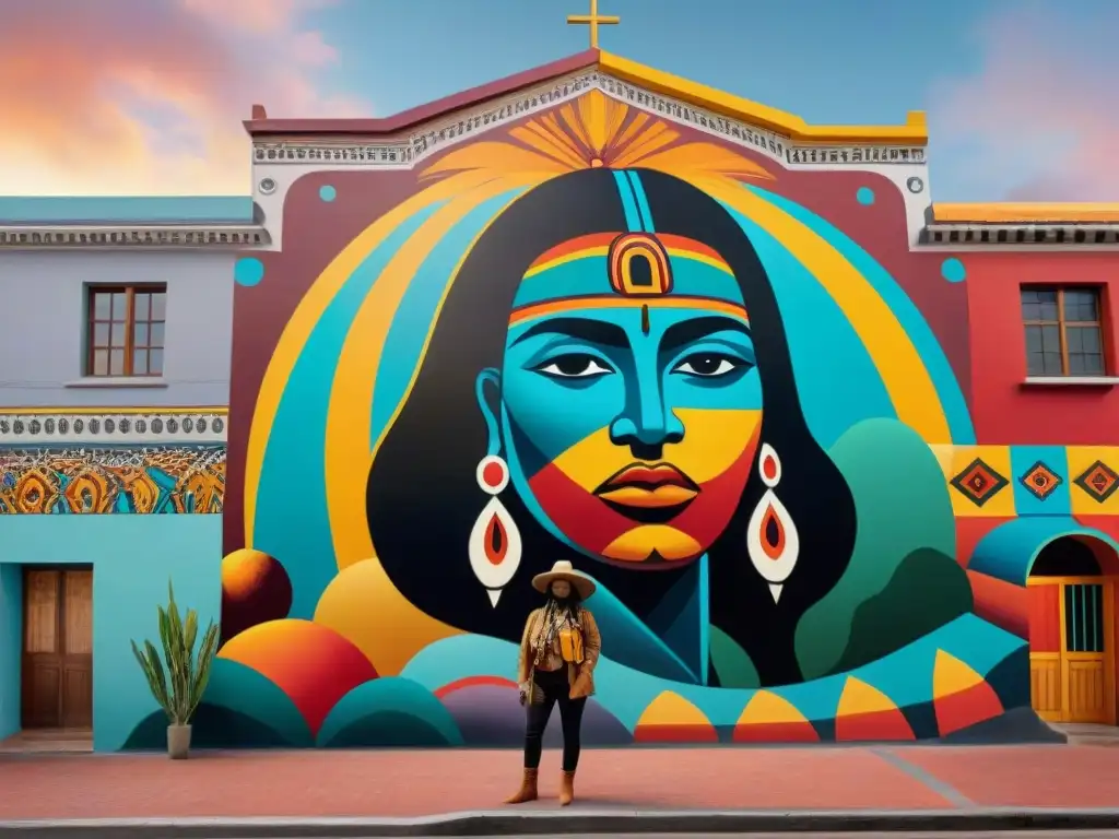 Vibrante mural urbano indígena contemporáneo en una ciudad de América del Sur, reflejando historia y resistencia