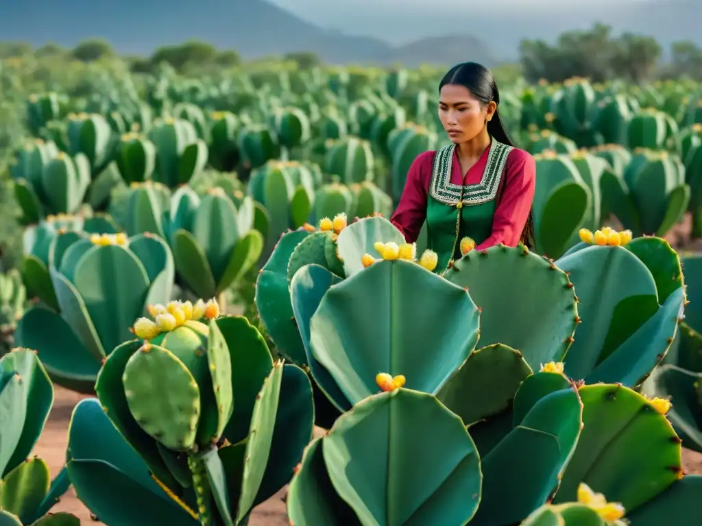 Plantación vibrante de nopales con agricultores indígenas cuidando de forma ancestral