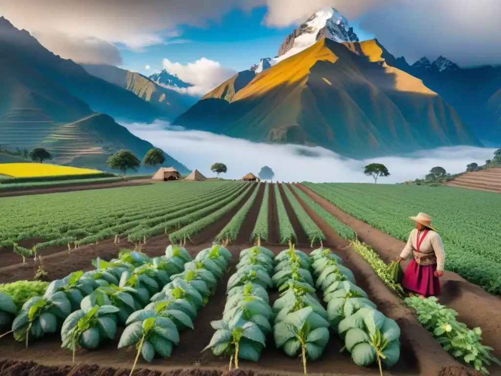 Vibrante paisaje andino con diversidad de cultivos y la importancia global de la agricultura