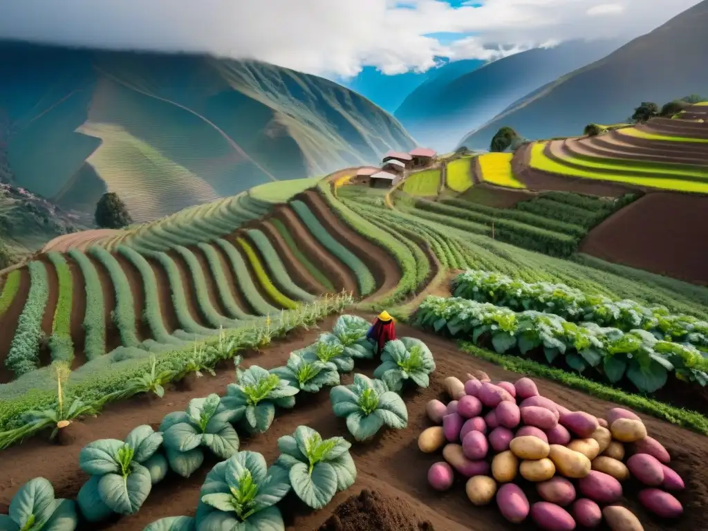 Vibrante paisaje andino con diversidad de papas en terrazas, agricultores locales