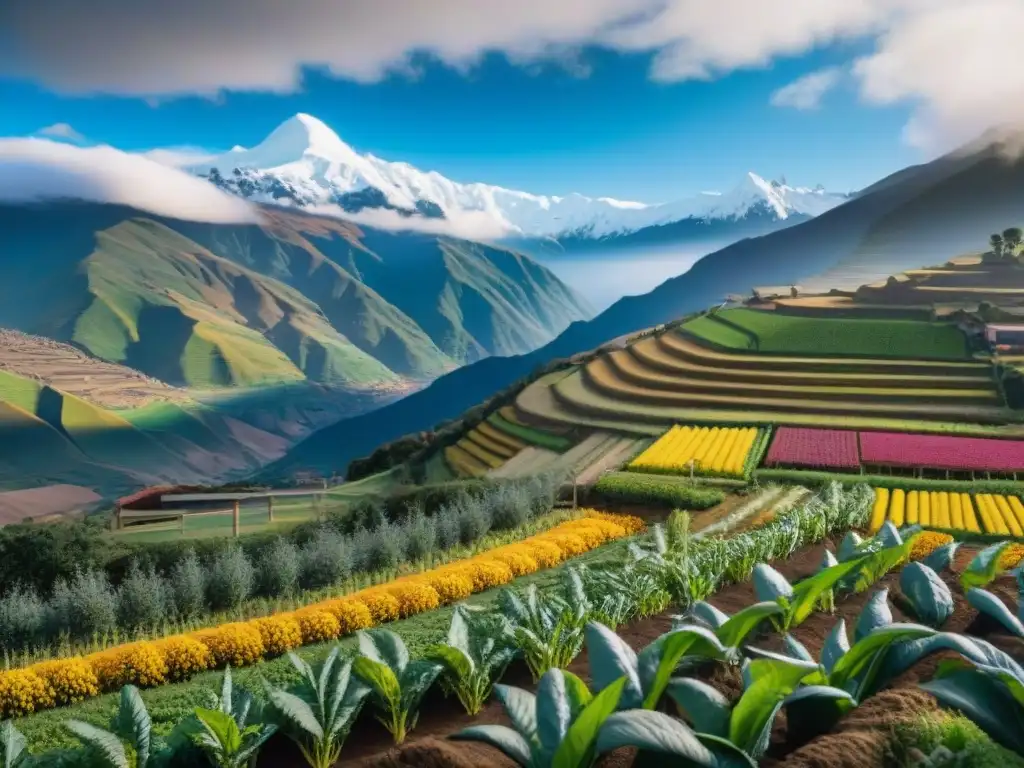 Vibrante paisaje andino con diversidad de cultivos y agricultores indígenas resaltando la importancia global