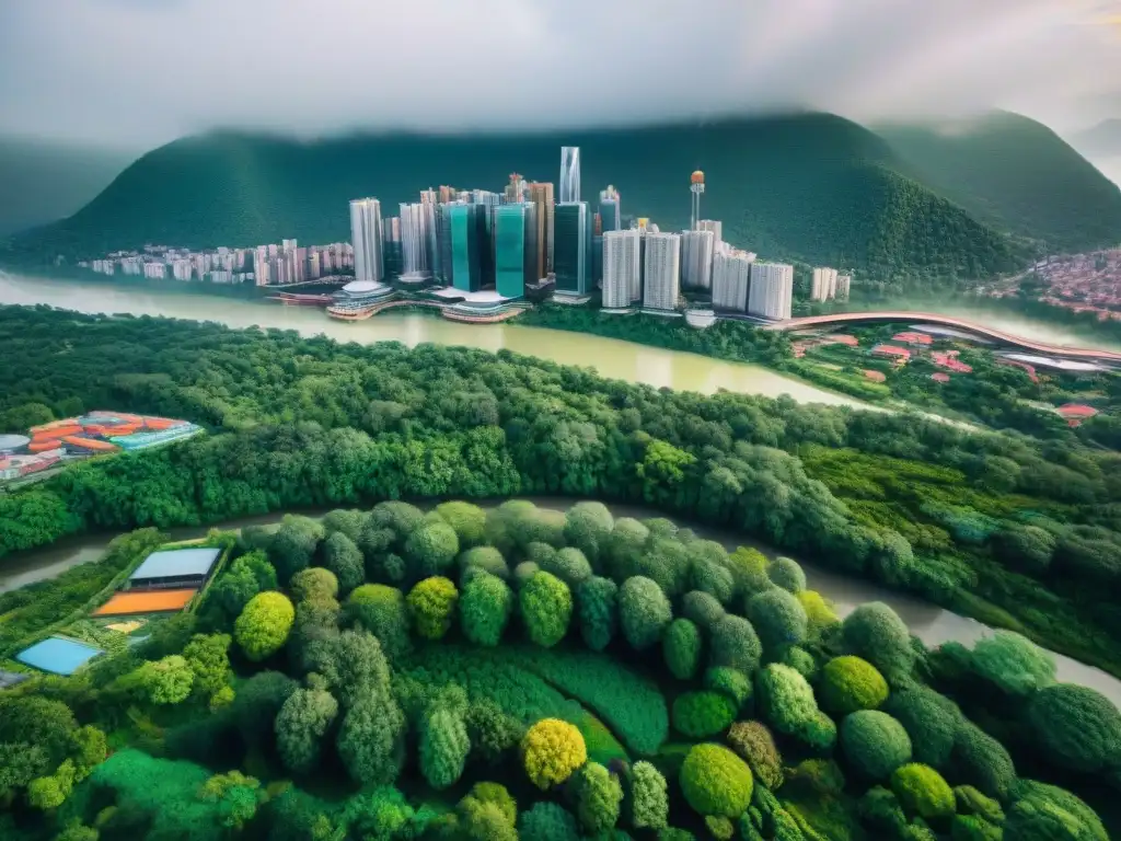 Un vibrante paisaje urbano donde la arquitectura moderna se fusiona con la naturaleza, reflejando proyectos urbanos con principios indígenas