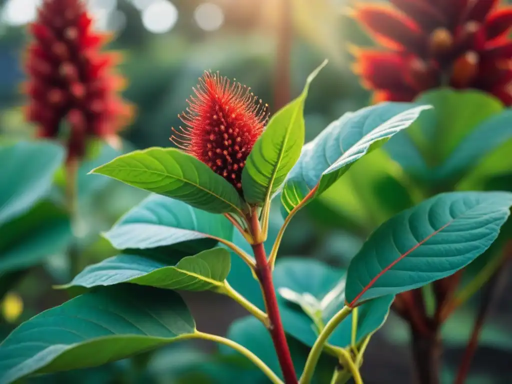 Una vibrante planta de achiote en un jardín comunitario indígena, con semillas rojas brillantes bajo el sol