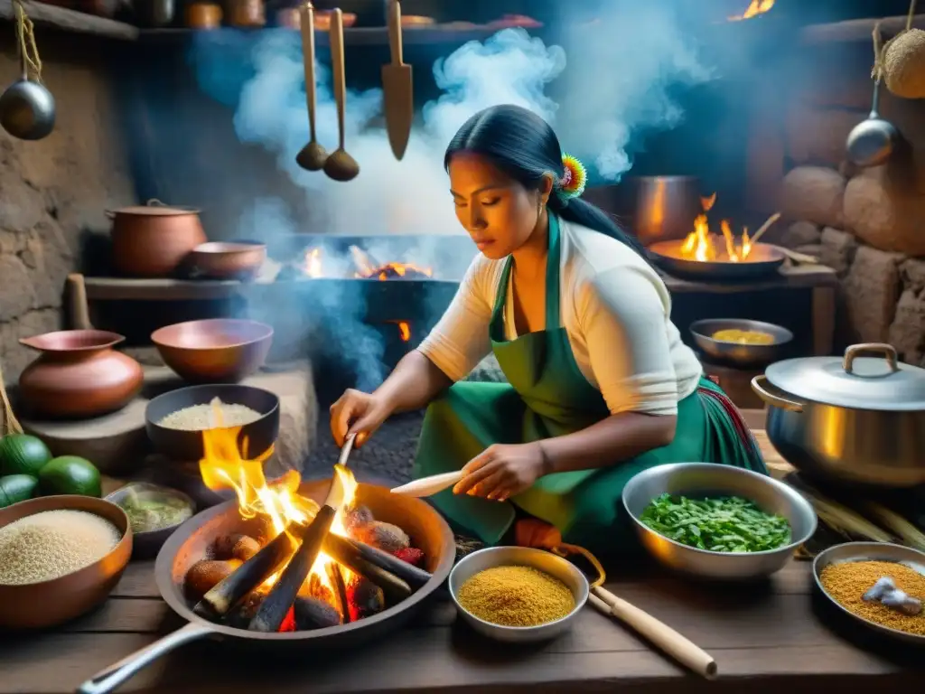 Un vibrante retrato de cocina indígena con mujeres en atuendos tradicionales cocinando platos coloridos sobre llamas