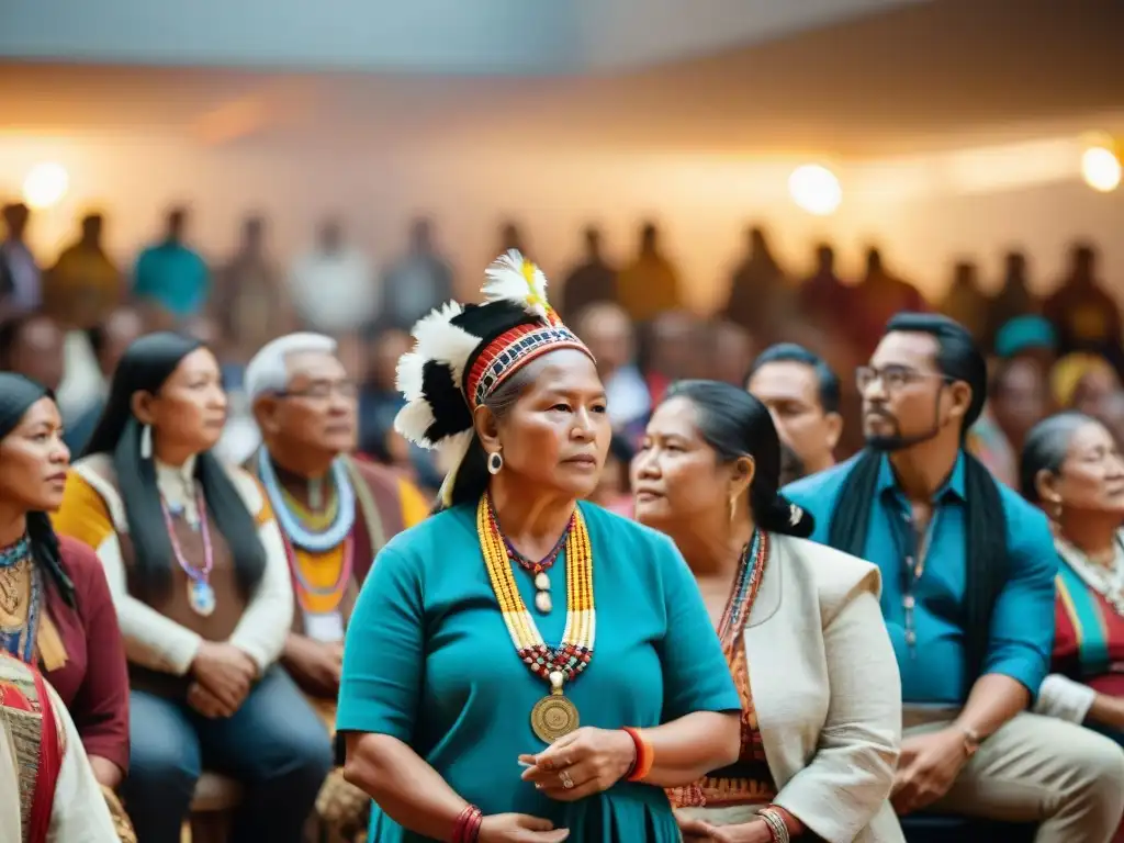 Una vibrante reunión de una comunidad indígena en conferencia de revitalización lingüística, con intercambio cultural y orgullo étnico