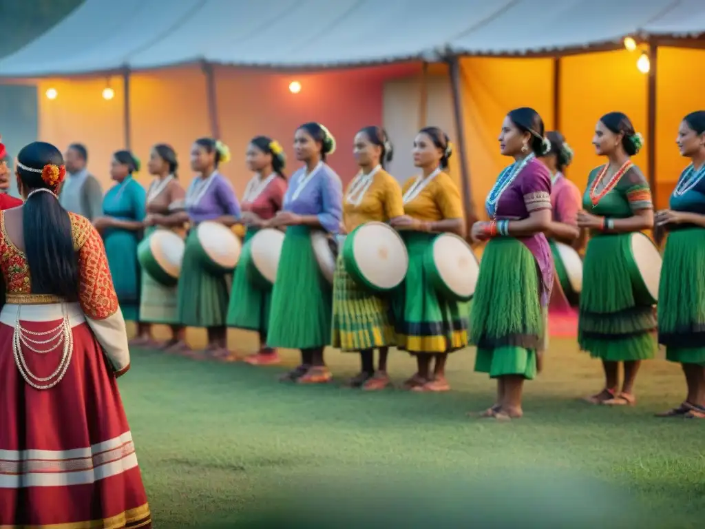 Vibrante reunión comunitaria indígena con danzas tradicionales y vestimenta colorida