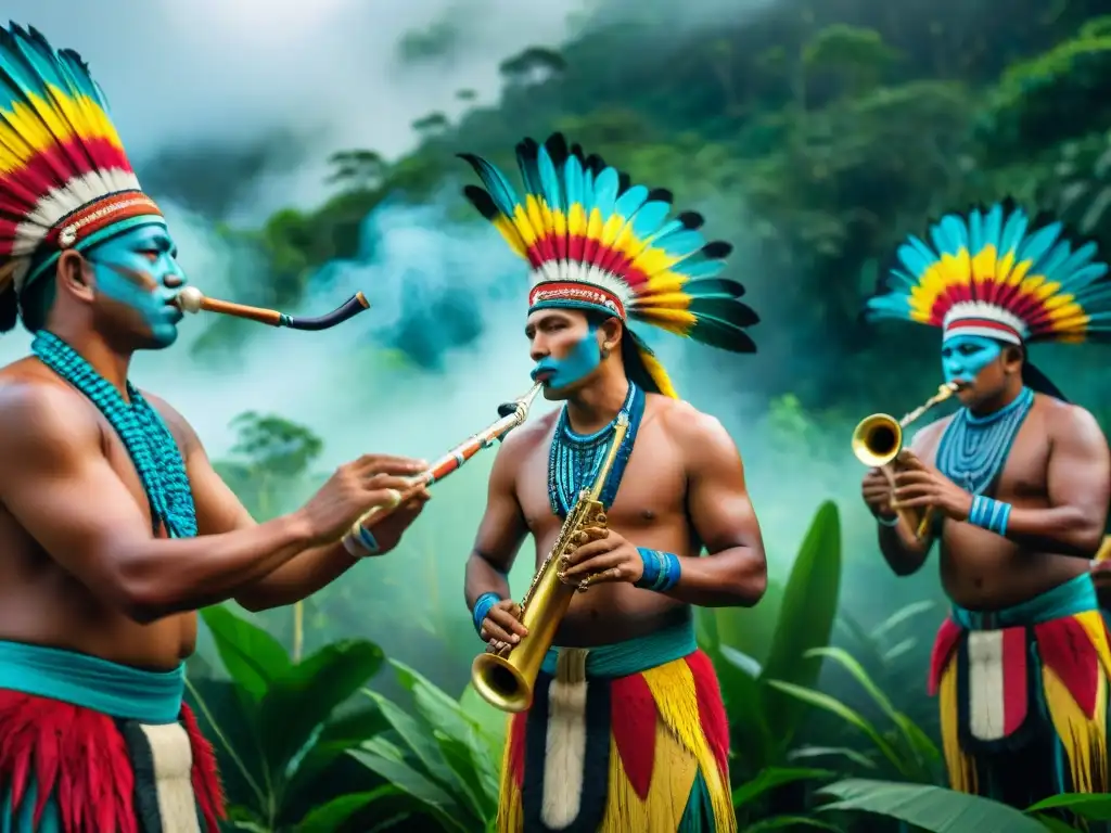 Un vibrante ritual musical indígena en la selva amazónica, con músicos y sus instrumentos tradicionales