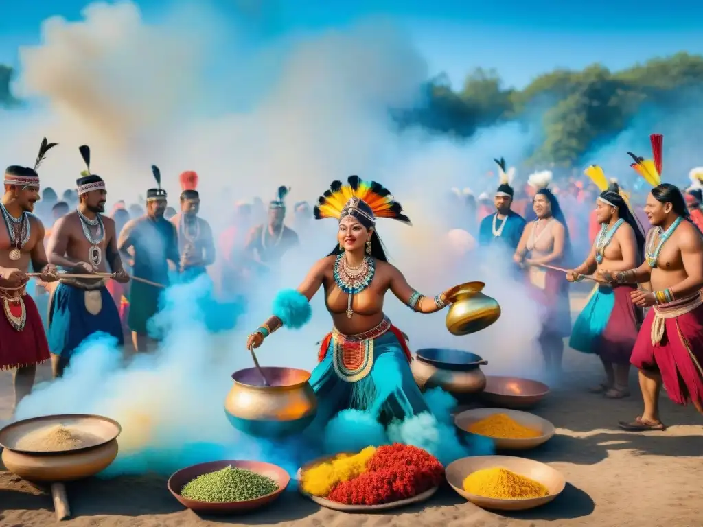 Celebración vibrante de rituales gastronómicos en festival indígena con bailes ceremoniales y coloridas ofrendas culinarias