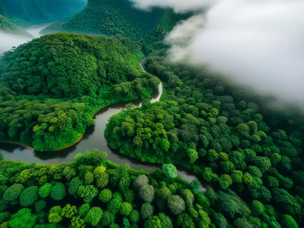 Selva exuberante: biodiversidad y belleza natural en tierras indígenas Vibrante selva con río serpenteante, biodiversidad y belleza natural; clave: Colonialismo en la economía verde
