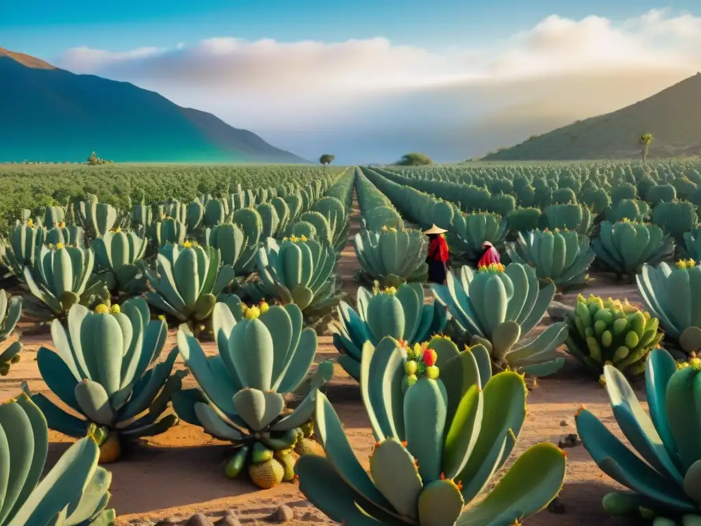 Plantación de nopal vibrante bajo el sol mexicano, con tunas coloridas listas para cosechar, culturas indígenas